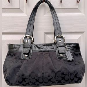 Authentic Coach soho Black Signature Pleated Tote Handbag Purse Hobo.